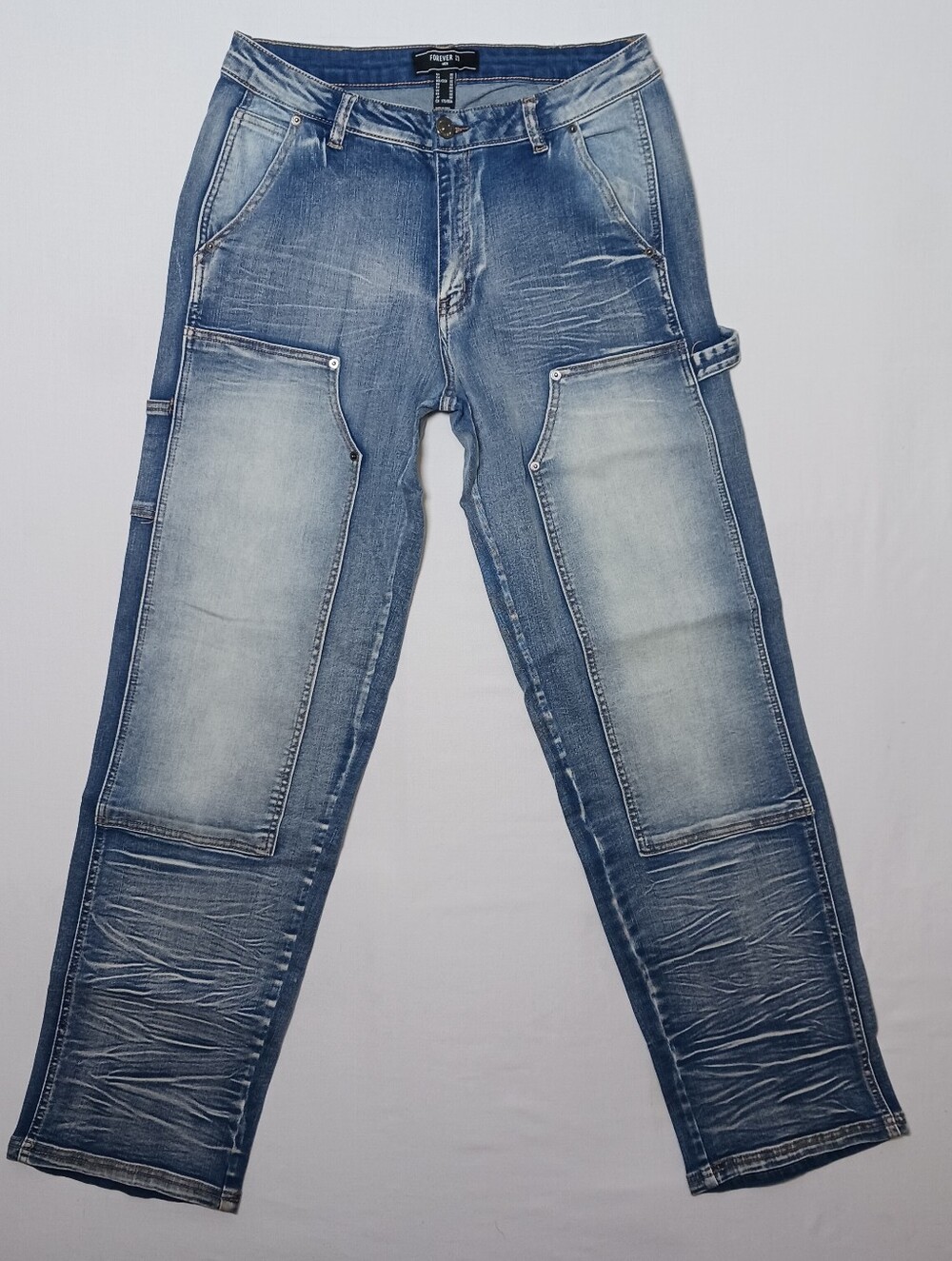 Forever 21 Mens Faded Double Knee Carpenter Jeans 32X32 Light Wash Denim Whisker